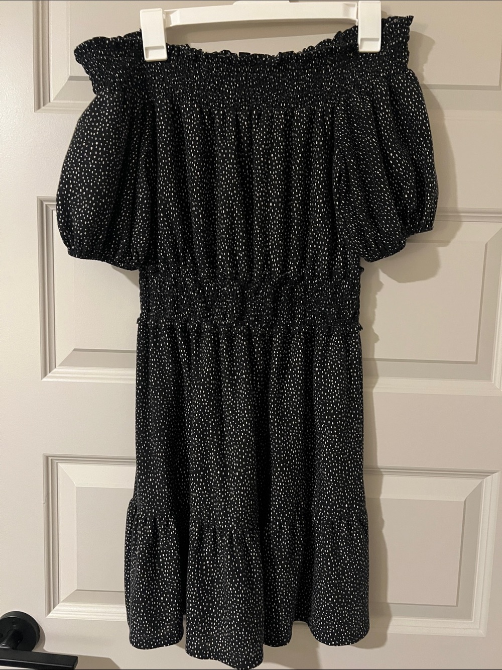 Express off shoulder polka dot mini dress